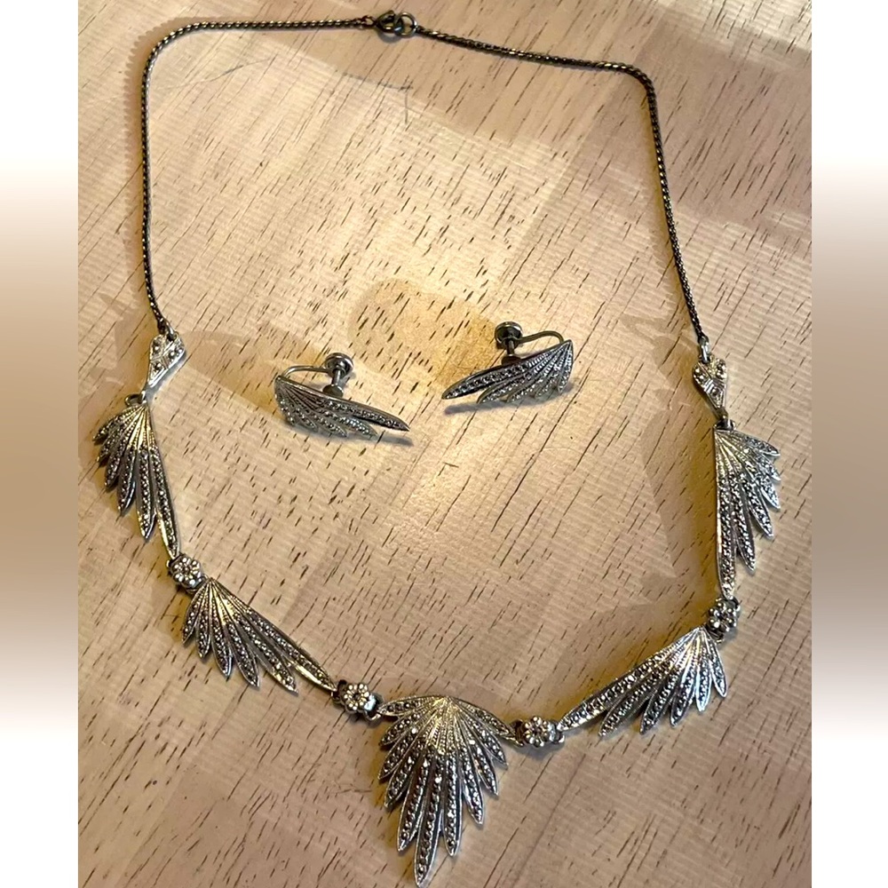 Vintage Sterling Silver and Stone Bib Necklace And Clip On Earring Set 35 grams